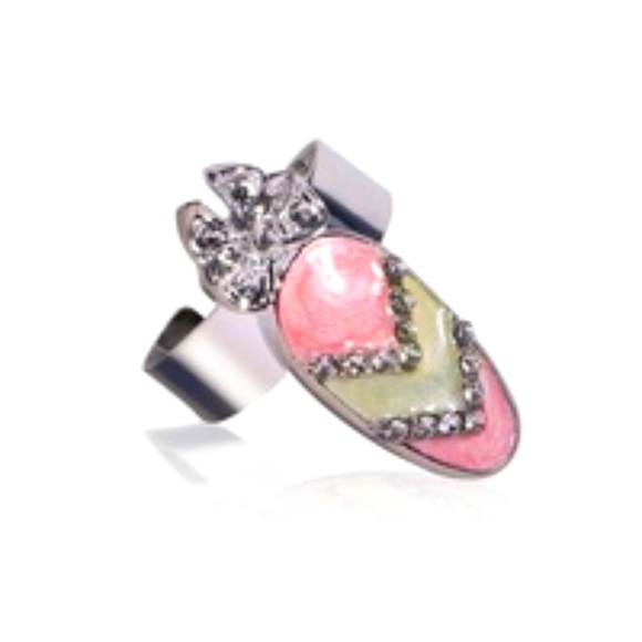 Adjust Bow Pink Pastel Diamond Bow Crown Manicure Joint Open Nail Ring - Picture 1 of 2